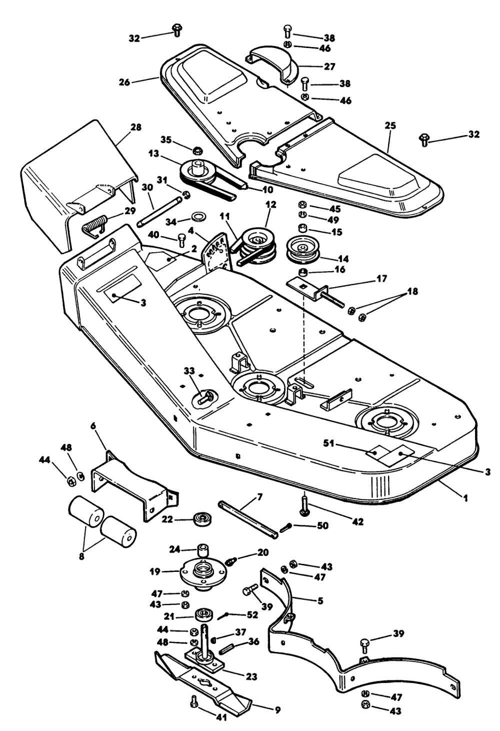 Mower Deck Diagram and Parts List for 62542C (H00000001-H99999999)(1989) Lawn Boy Lawn Tractor